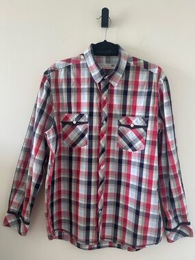 John Lennon English Laundry Red/White/Blue Plaid Men's Button-Up Shirt Sz L